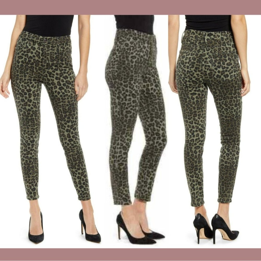 NEW GOOD AMERICAN [ 00/ 24 ] Good Waist Crop Skinny Jeans in Sage Leopard‎ Green